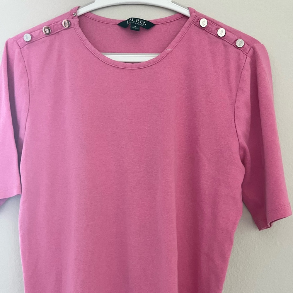Womens  Ralph Lauren Pink Crew Neck Tee with button detail Size XL